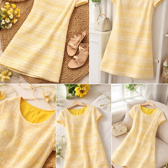 Sunlit Lace Shift Dress – Ivory & Yellow - Picture 2 of 5
